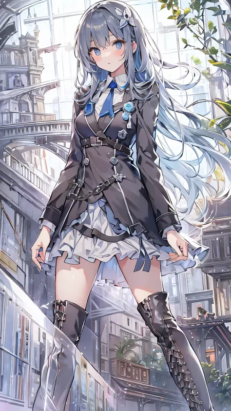 (muste piece, highest quality, ultra high resolution),1 girl,suit , beautiful and detailed face, fine eyes,((Gray and Blue theme)),((whole body)),perfect eyes、no background,white background,((wearing black boots)),((Cute fluttery white dress)),Isshiki、mode...