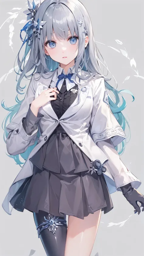 (muste piece, highest quality, ultra high resolution),1 girl,suit , beautiful and detailed face, fine eyes,((Gray and Blue theme)),((whole body)),perfect eyes、no background,white background,((wearing black boots)),((Cute fluttery white dress)),Isshiki、mode...