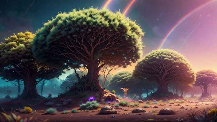 landscape on a strange alien planet, twin suns, atmospheric colours, fields, trees in the background, dense foliage, animals, picturesque, photo, synthwave, rainbow, colorful, realistic, high quality, sharp focus, high details,