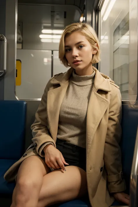 self confident young woman with short blond hair sitting in the train with ear plugs and coat