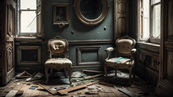 there is a single chair in a old empty decayed living room, realistic, high quality, sharp focus, high details,