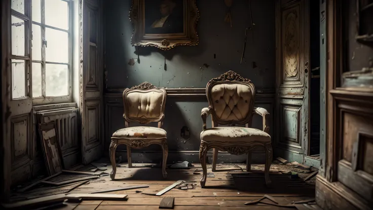 there is a single chair in a old empty decayed living room, realistic, high quality, sharp focus, high details,