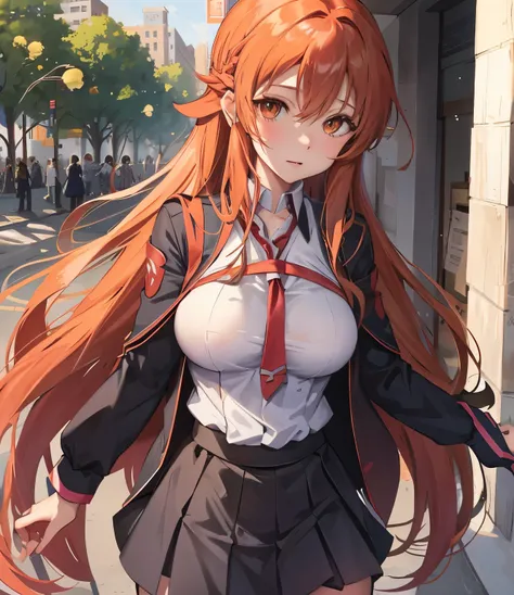 Asuna Yuuki from SAO, wearing a sexy schoolgirl uniform, big breasts