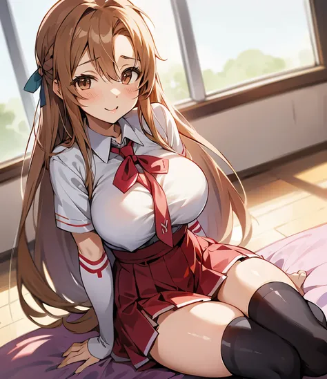 Asuna Yuuki from SAO, wearing a sexy schoolgirl uniform, big breasts