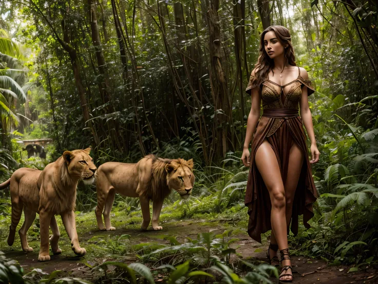 Ana de Armas and lions in the jungle in the style of fine art royo. Vista completa. Andando