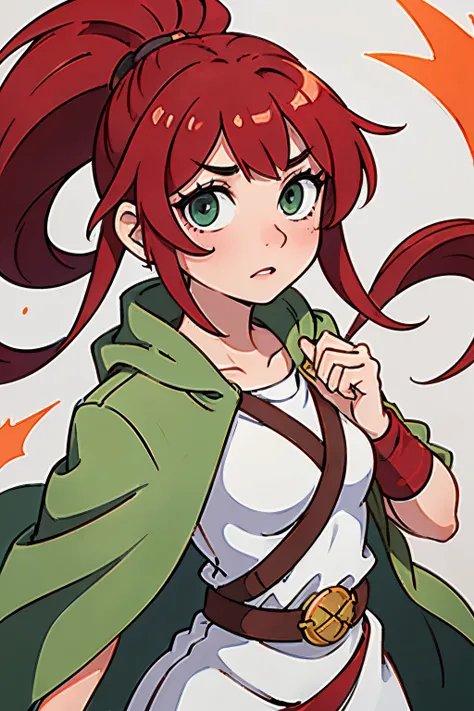 1 girl, redhair, tied ponytail, green eyes, cleric robes, holding a ceremonial staff, small tits, flat chest, round face, red bandages on arms