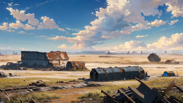 (Best quality, 8k, 32k, Masterpiece, UHD: 1.2, ray tracing: 1.2, (masterpiece), Real: 1.2), by far, family far away, (side: 1.5)savannah in the background, (Prairie, Long Range, metal dump: 1.5), Blue sky, white clouds, (((post apocalyptic wasteland))) 