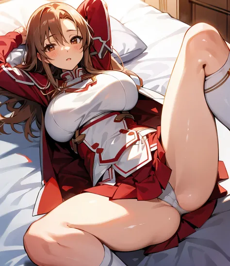 Asuna Yuuki from SAO, wearing a sexy white and red knight uniform, big breasts, short skirt, cape, on bed, legs spread