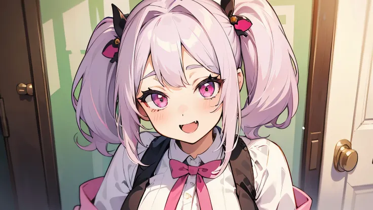 one girl, very beautiful face, beautiful eyes, detailed eyes, detailed face, detailed hair, masterpiece, anime girl, pink eyes, silver hair, , kawaii, two pony tails, hair pins, hair accessories, very young, big boobs, pixiv, illustration, very high qualit...