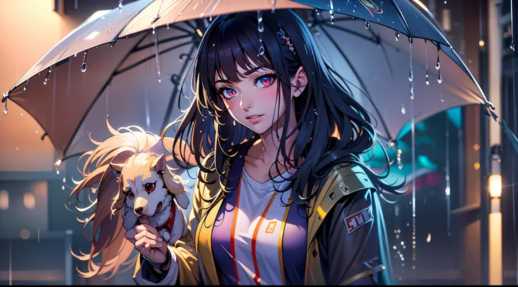 full body portrait of a photo realistic beautiful girl, 1 girl, facing forward, waifu, flowing hair, short modern rain protection clothing with an umbrella, big beautiful flirtateous open eyes, standing straight, cinematic lighting, relaxing raining weathe...