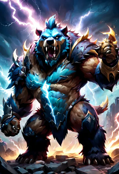 Full body shot a close up of a giant monster with a lightning bolt in its hand, berserker potrait, splash art, official splash art, wild rift, raging bugbear, good boy giant mecha bear hound, iconic character splash art, 12k ursa, volibear saint, league of...