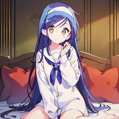 ((masterpiece)), ((best quality)), (ultra-detailed), on the bed, a cute girl, 1girl, solo, sailor suit, ((beautiful eyes))