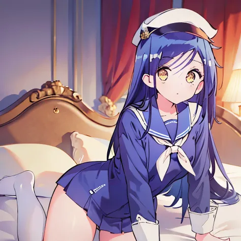 ((masterpiece)), ((best quality)), (ultra-detailed), on the bed, a cute girl, 1girl, solo, sailor suit, ((beautiful eyes))