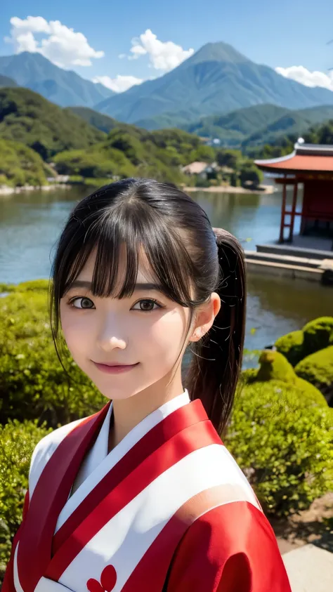 beautiful young woman. with black eyes、Features smooth black hair that reaches to the shoulders. hair is in a ponytail, Tie the top with a small red ribbon. He has a kind expression and a warm smile.. Make your eyes and expression cool. The eyes are dangli...