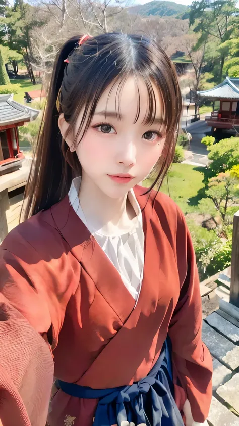 beautiful young woman. with black eyes、Features smooth black hair that reaches to the shoulders. hair is in a ponytail, Tie the top with a small red ribbon. He has a kind expression and a warm smile.. Make your eyes and expression cool. The eyes are dangli...