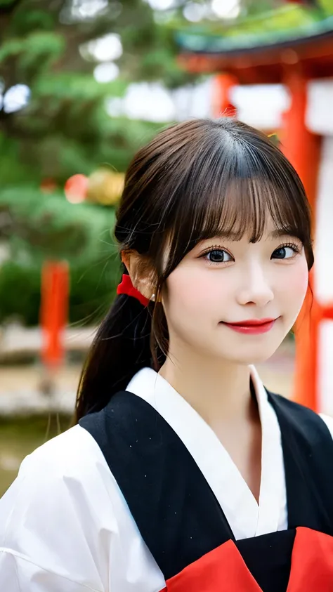 beautiful young woman. with black eyes、Features smooth black hair that reaches to the shoulders. hair is in a ponytail, Tie the top with a small red ribbon. He has a kind expression and a warm smile.. Make your eyes and expression cool. The eyes are dangli...