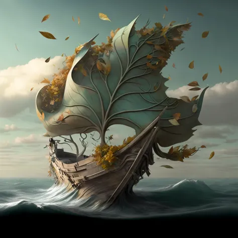 there is a boat with a leaf on it floating in the ocean, surrealistic digital artwork, surreal and fantasy art, fantasy surrealism, kerem beyit, surrealist conceptual art, surreal illustration, surreal art, surreal concept art, surreal digital art, 3 d epi...