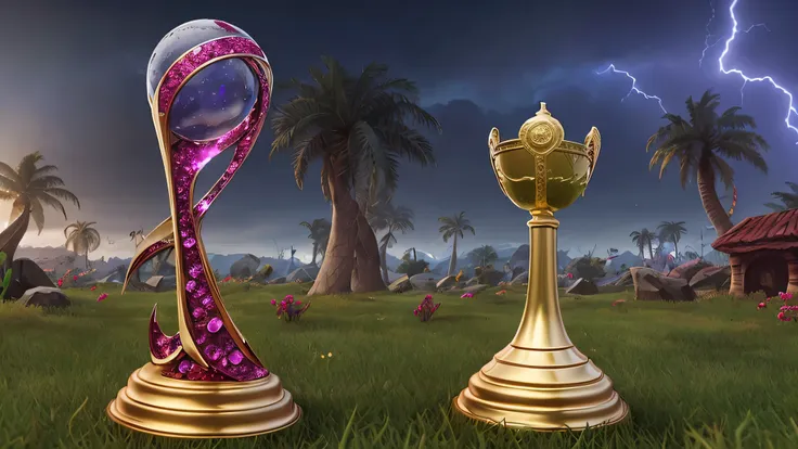 chantillytopstyle:0.2 trofeu da copa do mundo de league of legends ouro, fundo preto, detalhes em vermelho, with details of ruby...