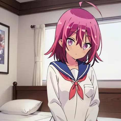 ((masterpiece)), ((best quality)), (ultra-detailed), on the bed, a cute girl, 1girl, solo, sailor suit, ((beautiful eyes))