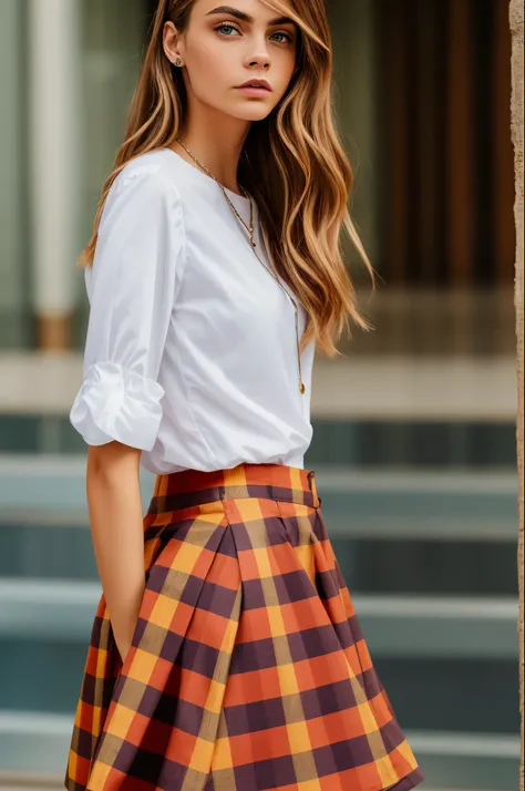 ultra detailed photography, cara Delevingne, colourpop (red plaid skirt), looking sideways. Taken with a Sony Alpha a9 II camera and a 200-600mm G telephoto lens in natural light. Hyper-realistic image quality, Perfect focus and motion design, vivid colors...