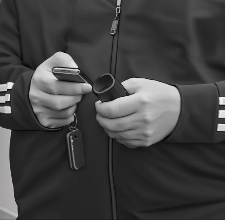 male hands holding a phone and a case with car keys