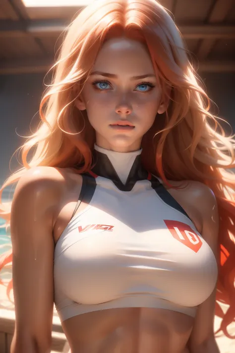 (1girl, 18 year olds),medium breasts, breasts,white female, red hair, blue eyes tan, dewy skin, sweaty skin, wavy blonde hair, beauty, ultra-realistic, ultra lifelike, 4k, unreal engine, film grain, perfect face, full body