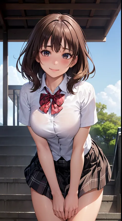 ((table, Best quality, A high resolution, nffsw, perfect pixel,  4K, nffsw, nffsw))), 1 girl in, lonely, One, Beauty、the whole body is visible、 ((Medium Wave Hair, bang, Brown hair)), ((Brown eyes, beautiful eyelashes, realistic eyes)), ((Detailed face, bl...