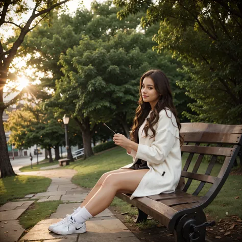 side pose of 22 year old Latina beautiful model, wearing winter outfit, sitting on a bench in a park, long curly brown hairs, hazel eyes, happy face, realistic photography