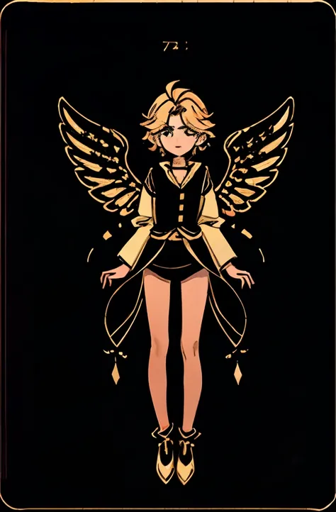 A harpy boy with golden feathers. He has wings where is arms would be, with clawed hands at the end. His legs are like a birds. He has an elegant outfit on. 