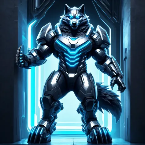 Cyber Wolf has a sleek and futuristic appearance, with a metallic silver body and robotic parts replacing his wolf-like features. He has sharp claws and teeth, as well as eyes that glow with an eerie blue light. He has a muscular and well-defined build, wi...