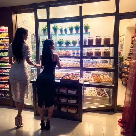 (best quality,ultra-detailed,realistic),glass door,food store,beautiful girl leaning her sexy back on the transparent glass,shopping,modern interior design,healthy food,organized shelves,colorful fruits and vegetables,soft lighting,window display,reflectio...