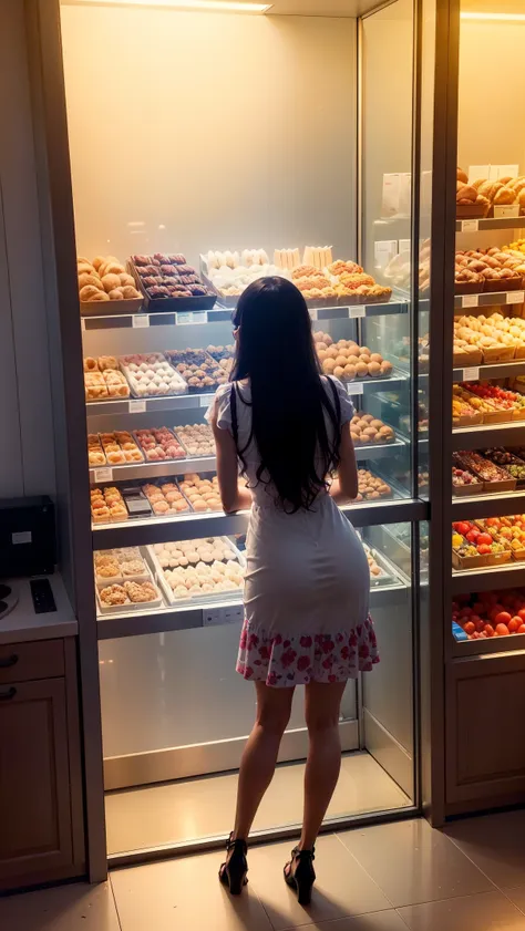 (best quality,ultra-detailed,realistic),glass door,food store,beautiful girl leaning her sexy back on the transparent glass,shop...