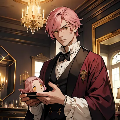 Anime man, pink hair, stern looking, yellow eyes, victorian clothing, black and wine red clothing, mature, mansion interior, elegant, neat hair, dolls in background, doll maker