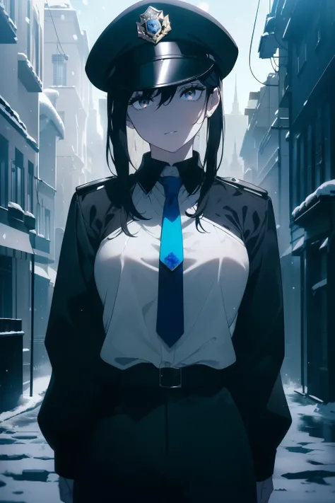 ((Obra maestra, La mejor calidad, ultrahigh resolution)), 1girl, standing, confidant stance, (((((police officer, wearing blue police uniform, police unifrom)))), (((wearing beat cop hat))), (black, black beat cop hat), (((black hair, dark black hair))), l...