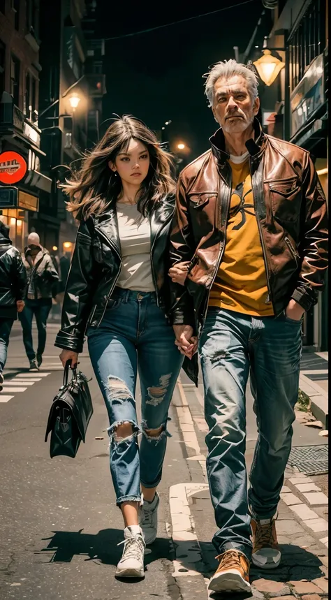 couple, full body, low view, handsome older man, athletic build, jacket and jeans, with his younger girlfriend, long brown hair, jeans, walking in the city at night.