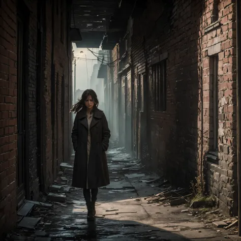 A woman crying in a Soviet-style alleyway, portrait, Depicting her tear-streaked face, The crumbling brick walls and broken street lights, (best quality, highres, masterpiece:1.2), ultra-detailed, Realistic portrayal of despair and desolation, Subdued colo...