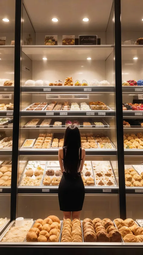 (best quality,ultra-detailed,realistic),glass door,food store,beautiful girl leaning her sexy back on the transparent glass,shopping,modern interior design,healthy food,organized shelves,colorful fruits and vegetables,soft lighting,window display,reflectio...