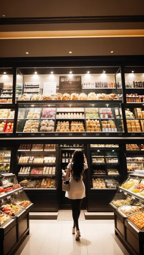 (best quality,ultra-detailed,realistic),glass door,food store,beautiful girl leaning her sexy back on the transparent glass,shopping,modern interior design,healthy food,organized shelves,colorful fruits and vegetables,soft lighting,window display,reflectio...