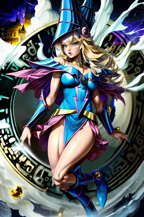 O(bra maestra, 4k-resolution, ultra realista, muy detallada), (White superhero theme, carismatic, hay una chica en la parte superior de la ciudad, vestida con el disfraz de dark magician girl, is a superhero), [ ((20 year), (cabello largo y Rubio: 1.2), cu...