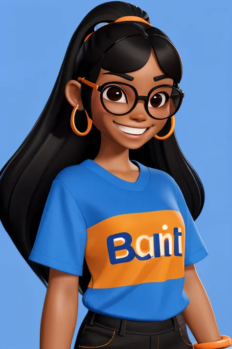 young female smiling enthusiastically, she is about 18 years old, Japanese, brown skin, long straight black hair, wearing prescription glasses and a blue and orange t-shirt, she is holding glasses.