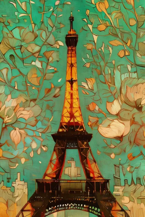 affiche vectorielle style van gogh (tour eiffel, champ de mars, seine dans la ville de paris) en terrasse le soir sur la place d...