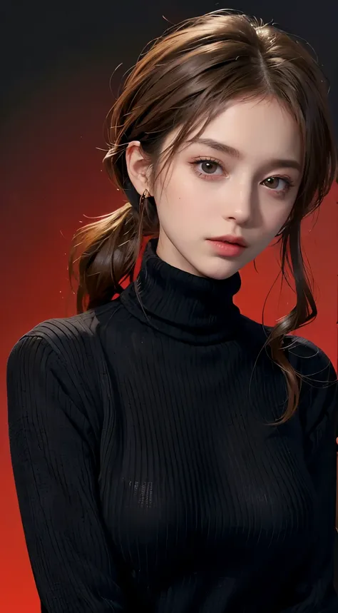 ((best quality, 8k, masterpiece: 1.3)),1girl, ((turtleneck, black sweater,  background, red background))