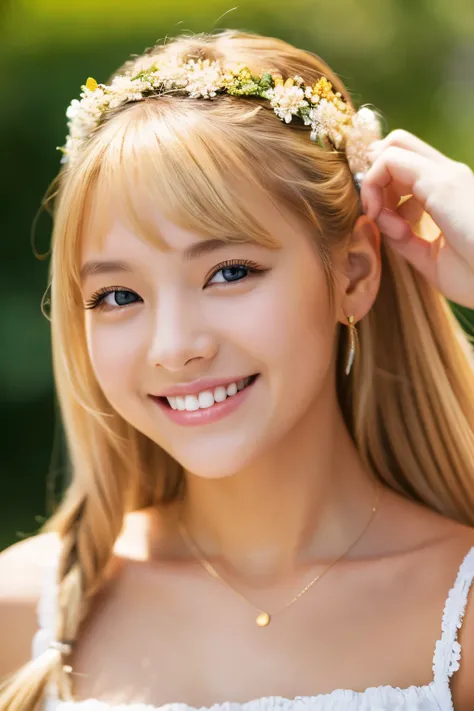 highest quality, masterpiece, ultra high resolution, photorealistic, 1girl, off shoulder, smile、blonde