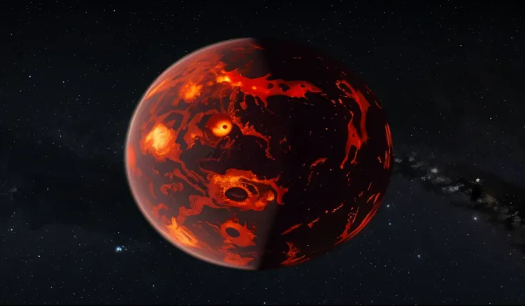 um close de um planeta vermelho com uma estrela ao fundo, mustafar, esfera de magma brilhante, red planet rising, feito de lava, the planet is hot with canyons, destroyed planet, gigante gasoso laranja, red planetoid exploding, orbe negra de fogo, planet E...