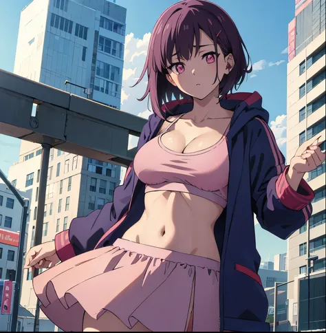 una chica en la calle,pov(desde abajo),shizuka mikazuki, short hair, purple hair, hair ornament, hairclip, (pink eyes:1.5), swep...