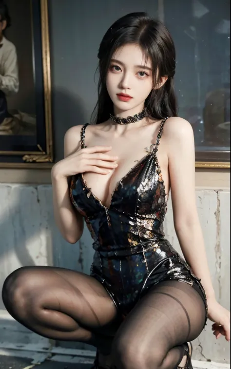 Super beautiful shining eyes、1 girl、huge chest mouth、saliva、between strands、Prisoner of Abrora、torn cloth collar、fetters、slave、chainetter、thigh、In the hustle and bustle of the city、Male college student squatting backwards with legs spread、tied up in chains...