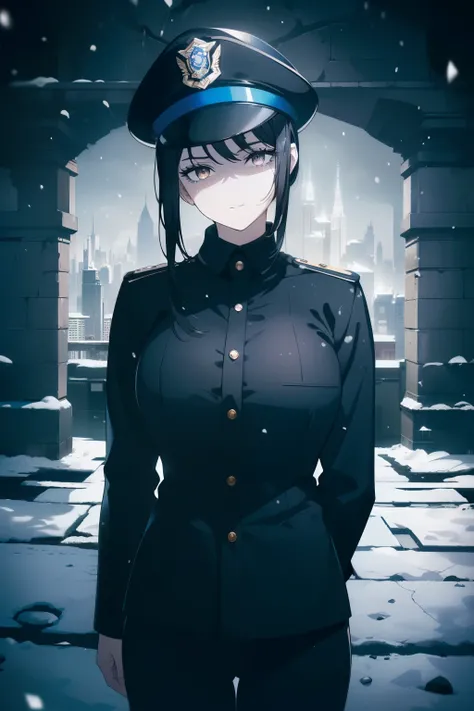 ((Obra maestra, La mejor calidad, ultrahigh resolution)), 1girl, standing, confidant stance, (((((police officer, wearing blue police uniform, police unifrom)))), (((wearing beat cop hat))), (black, black beat cop hat), (((black hair, dark black hair))), l...