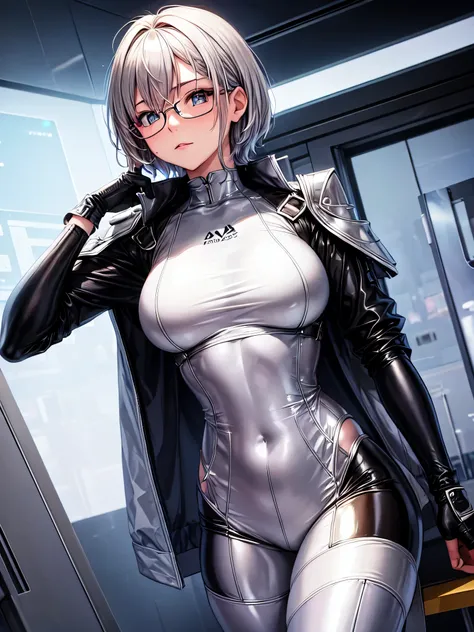 top quality 8k uhd、beautiful woman with short hair and silver hair wearing glasses and a silver metallic bodysuit、shiny silver m...