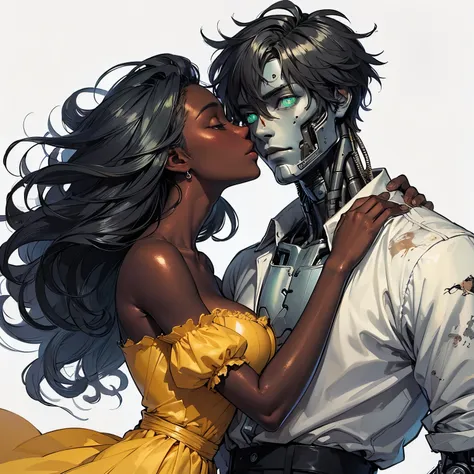 ((pretty black woman human anime character)) and a robot boyfriend, clearly detailed features, the humanoid robot has on a rumpl...