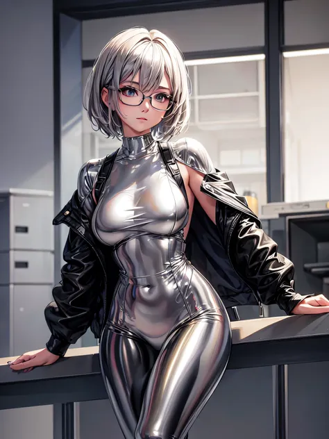 top quality 8k uhd、beautiful woman with short hair and silver hair wearing glasses and a silver metallic bodysuit、beautiful woma...